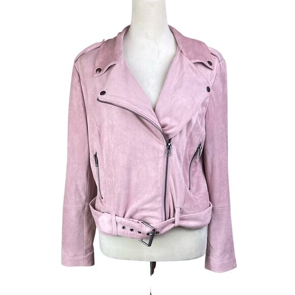 BB Dakota Blush Pink Faux Suede Asymmetrical Zip Belted Biker Moto Jacket - Picture 2 of 14